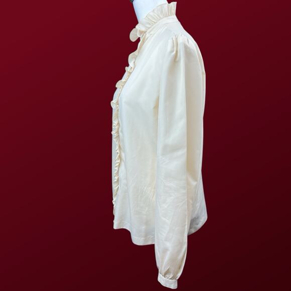 80's Vintage Cream Pleated Ruffle Tuxedo Side Button Ruffle Neck Blouse Top 16 - Picture 3 of 7